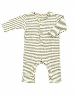 Quincy Mae Organic Cotton Ribbed Henley Romper Sage Stripe 3-6M